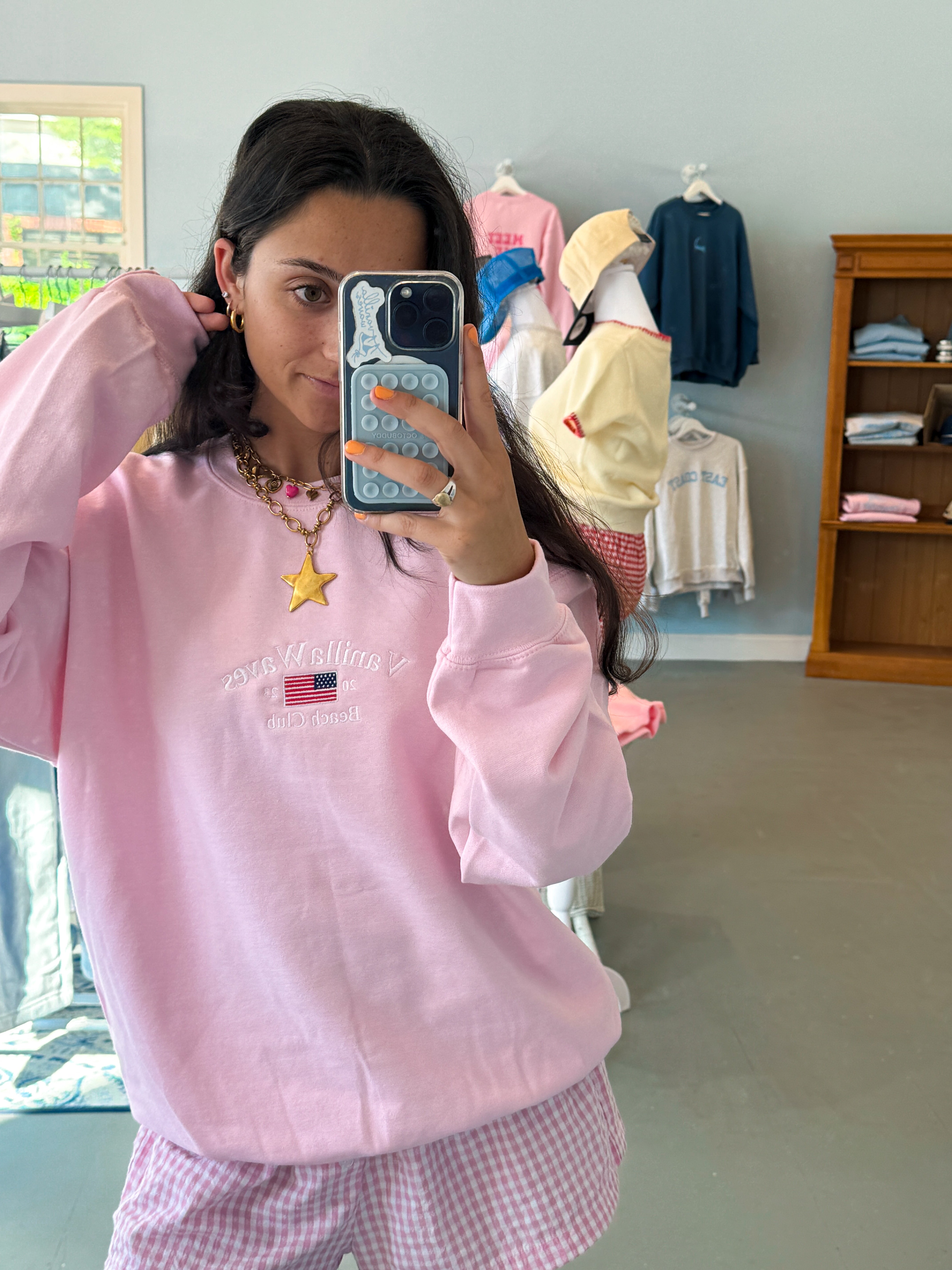 Vanilla Waves Beach Club Embroidered Crewneck in Light Pink