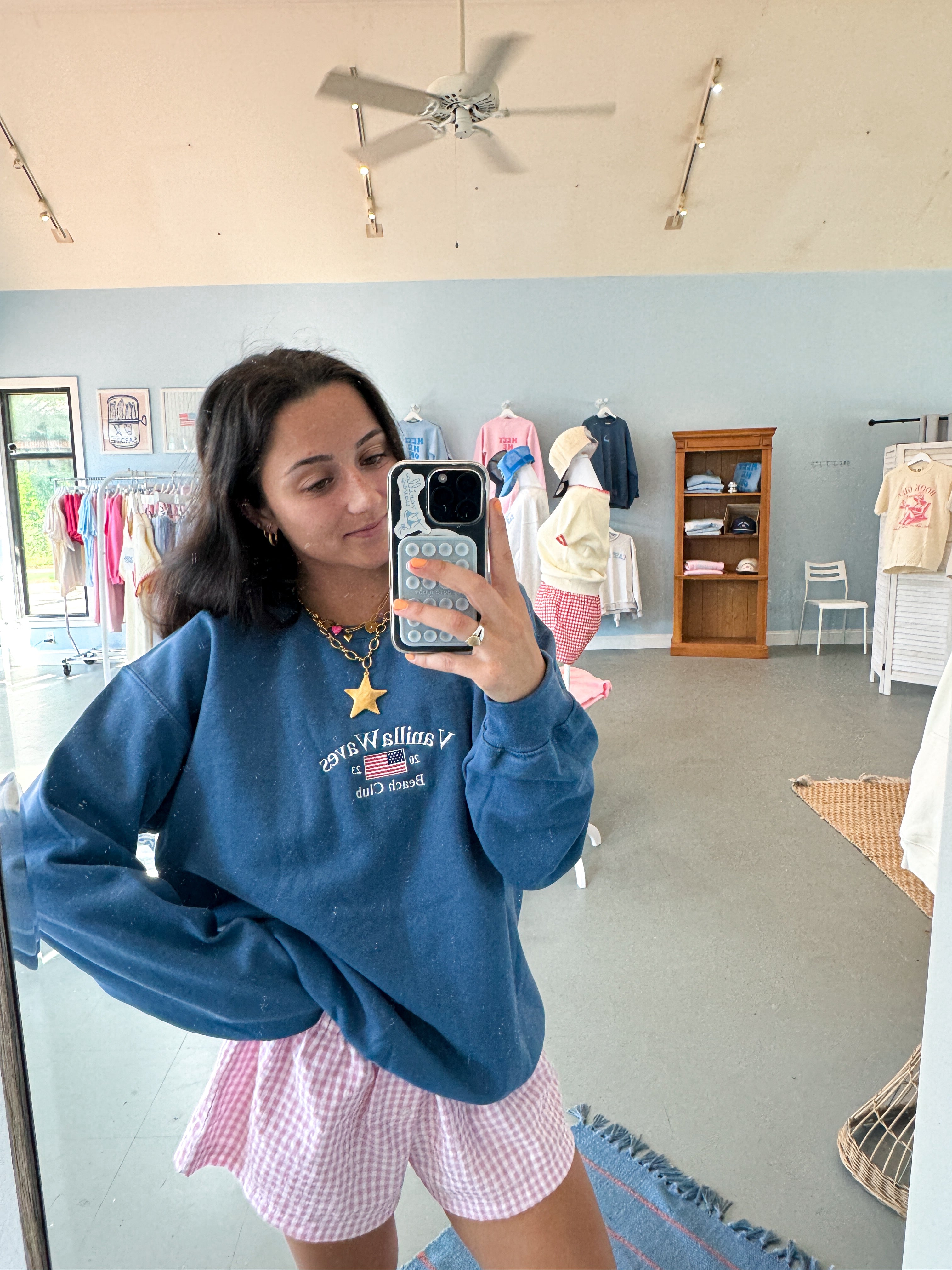 Vanilla Waves Beach Club Embroidered Crewneck in Navy Dusk