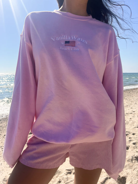 Vanilla Waves Beach Club Embroidered Crewneck in Light Pink